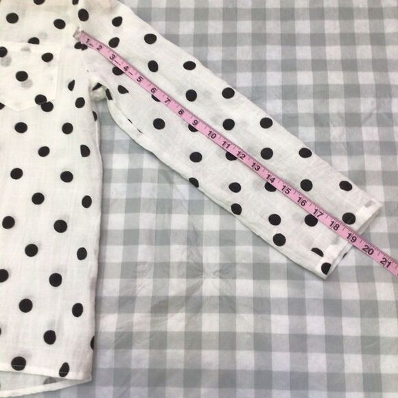 2/40$ LINEN blouse polka dots black ecru mao neck button Down casual shirt med - Picture 7 of 12